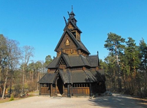 The iconic Stave Church from Gol built around 1200 CE at the Norwegian Folk Museum.