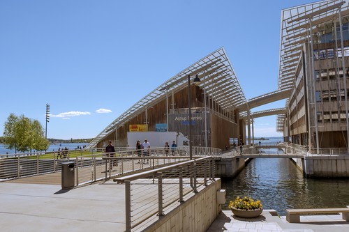 The wooden, steel and glass building of the Astrup Fearnley Museum at the outer most point where the city of Oslo stretches into the Fjord.